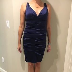 Formal. Deep blue satin body con dress.